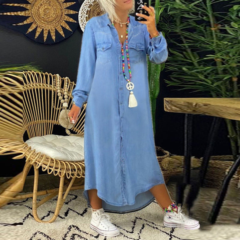 Ines - Long-Sleeved Maxi Dress in Denim