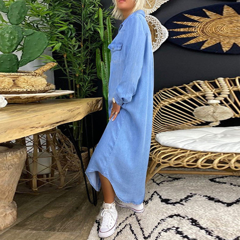 Ines - Long-Sleeved Maxi Dress in Denim