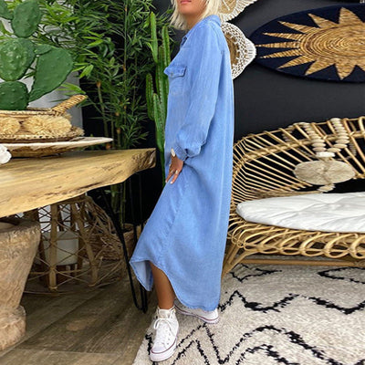 Ines - Long-Sleeved Maxi Dress in Denim
