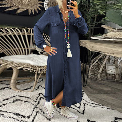 Ines - Long-Sleeved Maxi Dress in Denim
