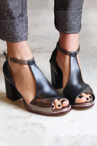 Anyao™ Elegant Open-Toe Block Heels in Black Patchwork – Perfect for Any Occasion