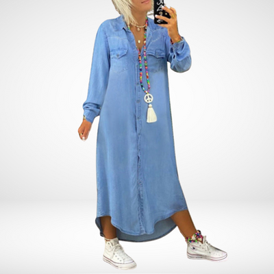 Ines - Long-Sleeved Maxi Dress in Denim