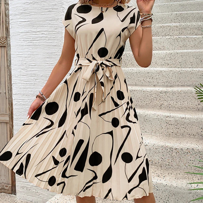 Allaine | Chic Pleated Midi Dress with Waist Tie