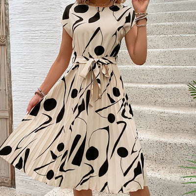 Allaine | Chic Pleated Midi Dress with Waist Tie