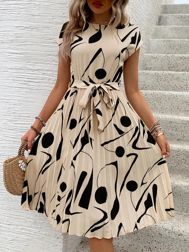 Allaine | Chic Pleated Midi Dress with Waist Tie
