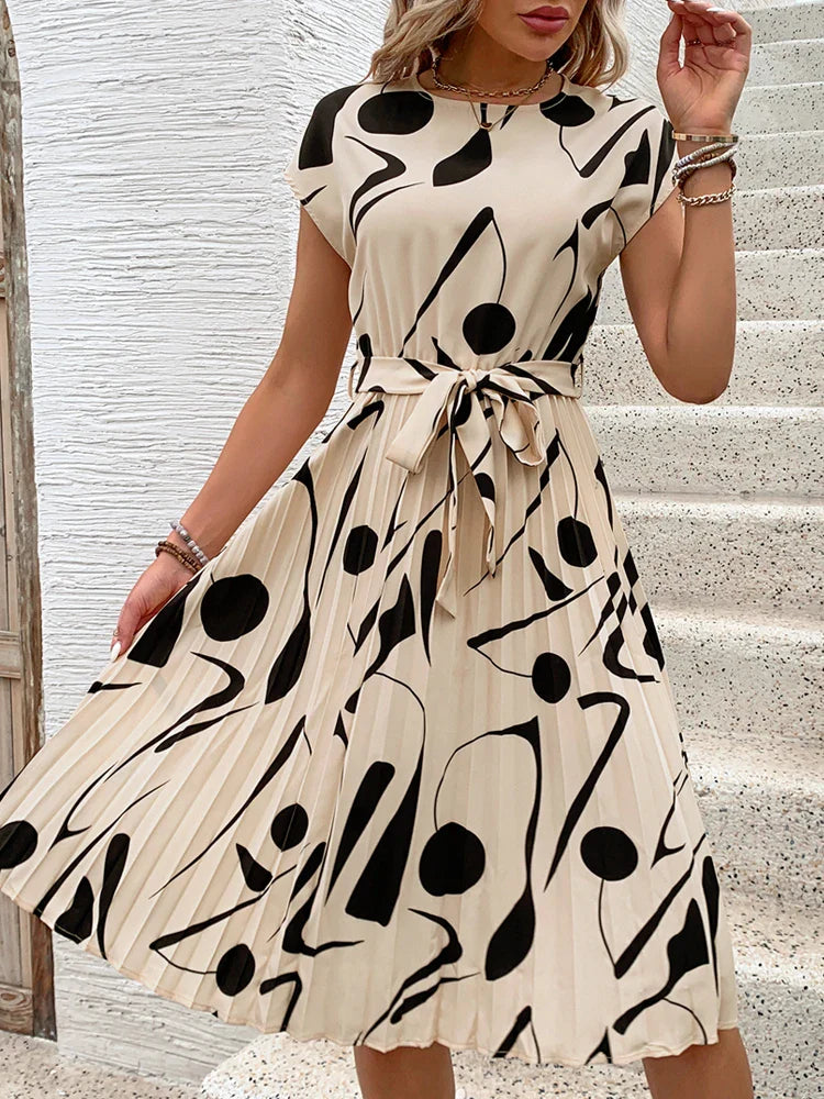 Allaine | Chic Pleated Midi Dress with Waist Tie