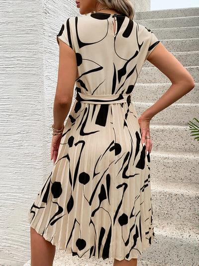 Allaine | Chic Pleated Midi Dress with Waist Tie