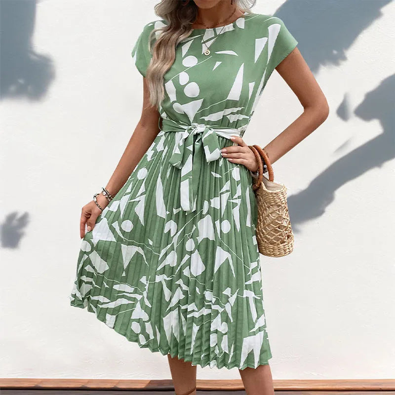 Allaine | Chic Pleated Midi Dress with Waist Tie