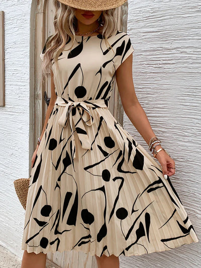 Allaine | Chic Pleated Midi Dress with Waist Tie
