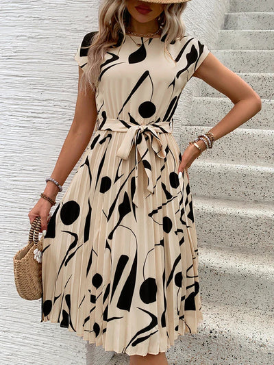 Allaine | Chic Pleated Midi Dress with Waist Tie