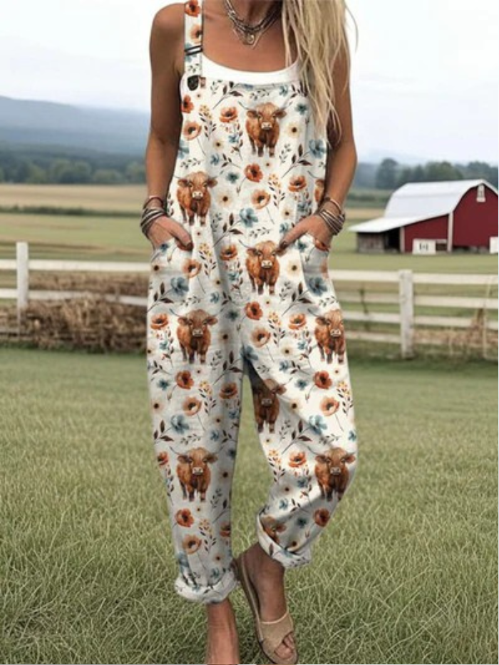Robinson Luxe House  | Women's Wide-Leg Jumpsuit with Highland Cow Print