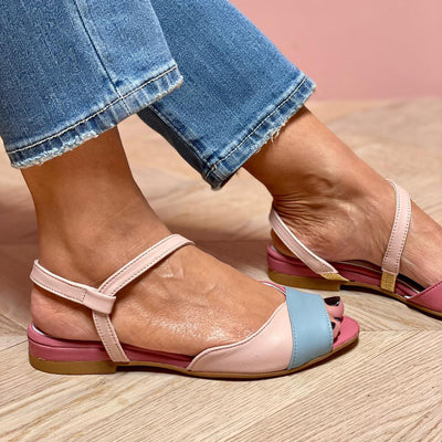 Ellela™ | Elegant asymmetric pink sandals with colour block details